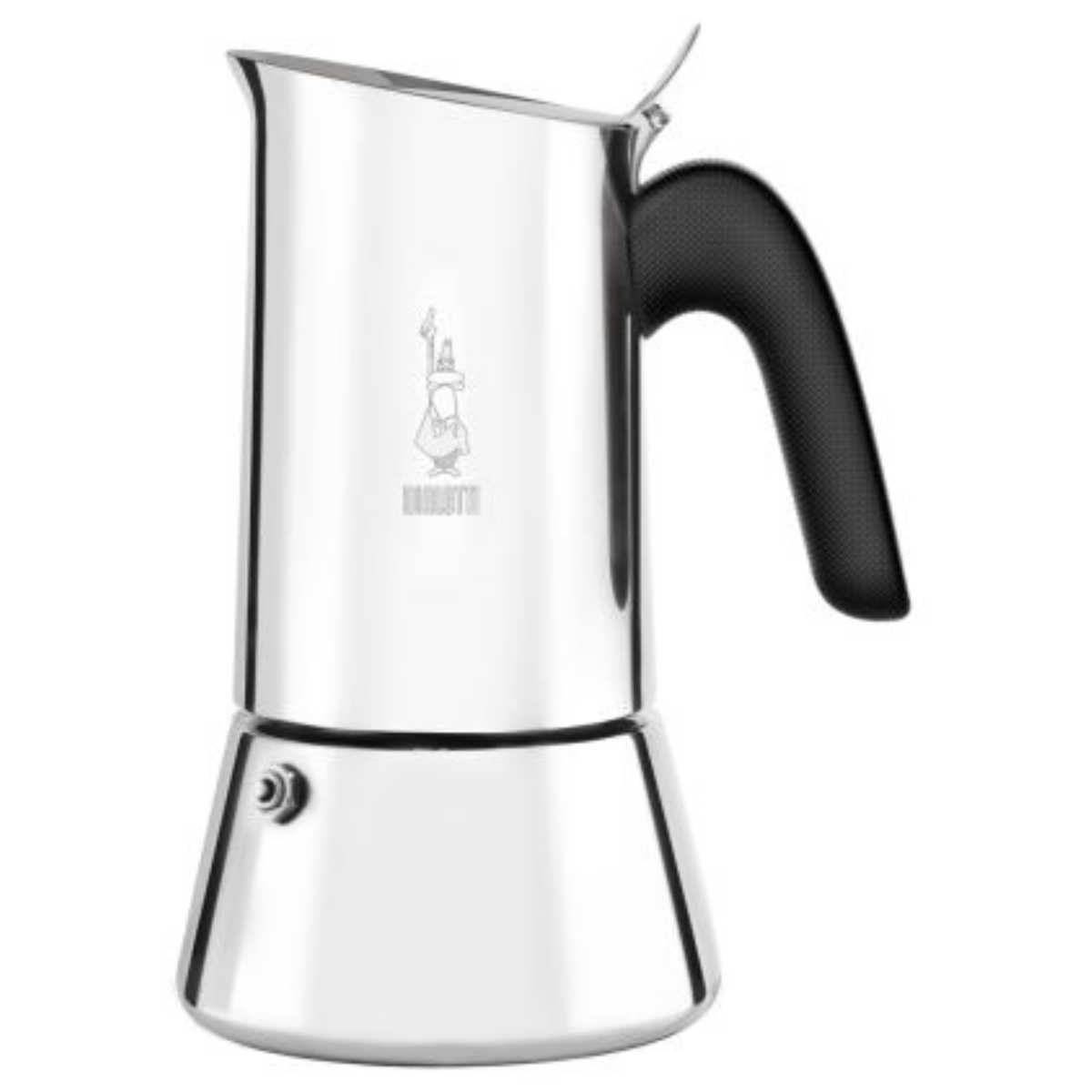 Detailansicht des Bialetti Venus Espressokochers mit glänzendem Edelstahlfinish, rutschfestem Griff und Sicherheitsventil – ideal für aromatischen Speciality Coffee.
