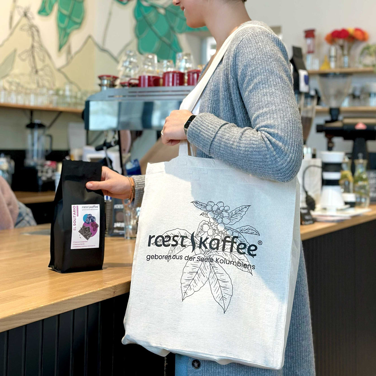 roestkaffee Jutebeutel mit Logo und Kaffeepflanze