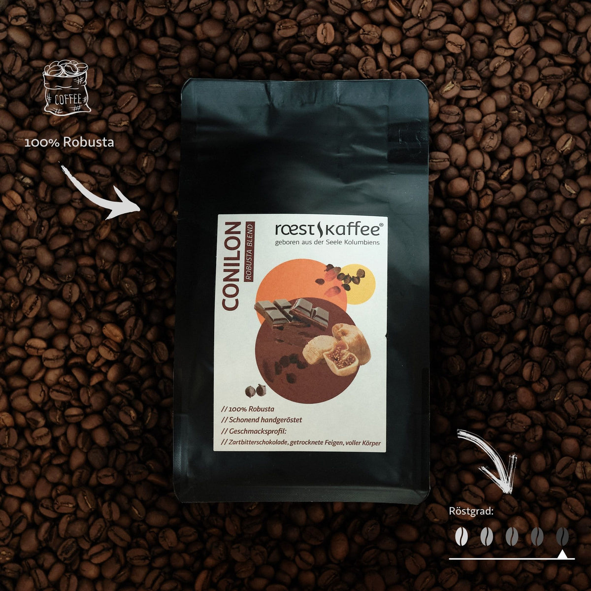 Kaffeebohnen mit einer Kaffeepackung und braunen Etikett, CONILON Gourmet Robusta Espresso – 100% Robusta mit intensivem Geschmack und hohem Koffeingehalt