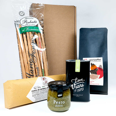 roestkaffee Geschenkset La Santa Maria, La Morena, Kaffee für Espresso, Pasta, Pesto, Olivenöl, Grissini Rubata al Rosmarino, weihnachtlichen Genuss verschenken