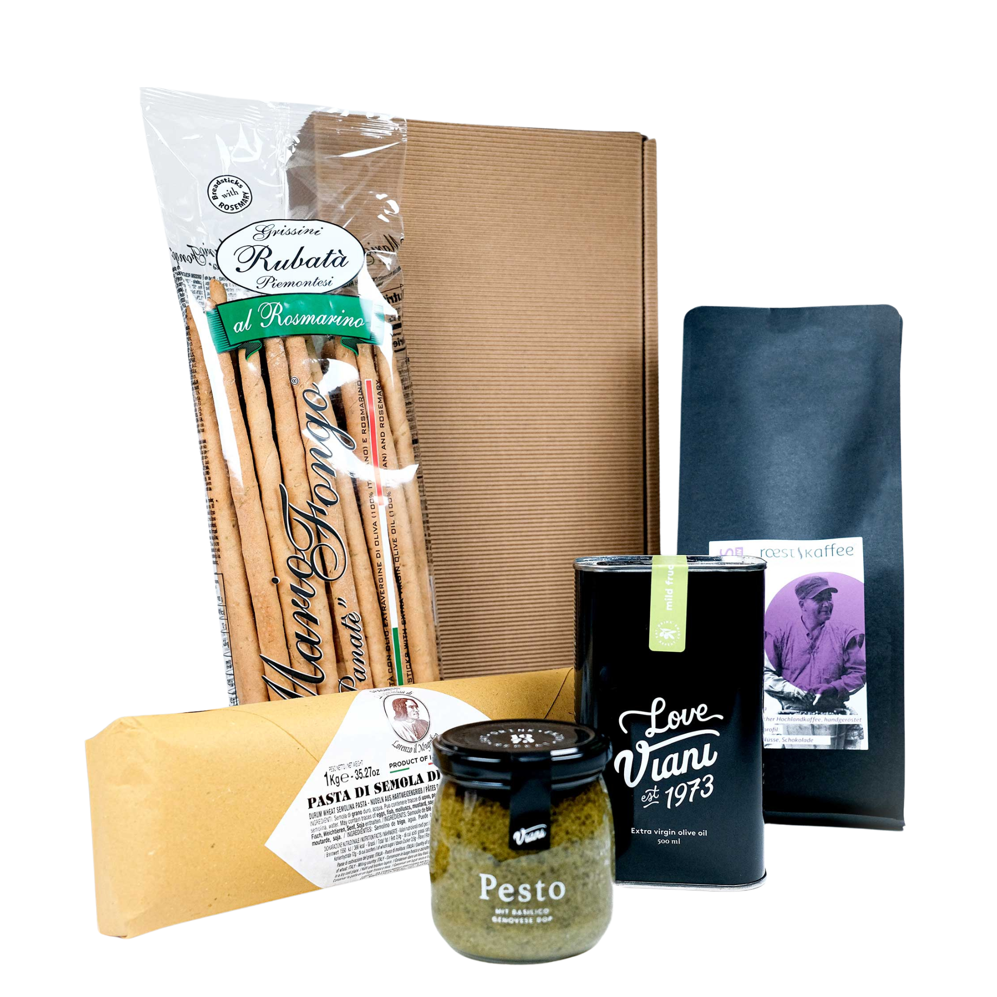 Geschenkset La Santa Maria mit Filterkaffee Bohnen, Pesto, Olivenöl, Pasta und Grissini al Rosmarino