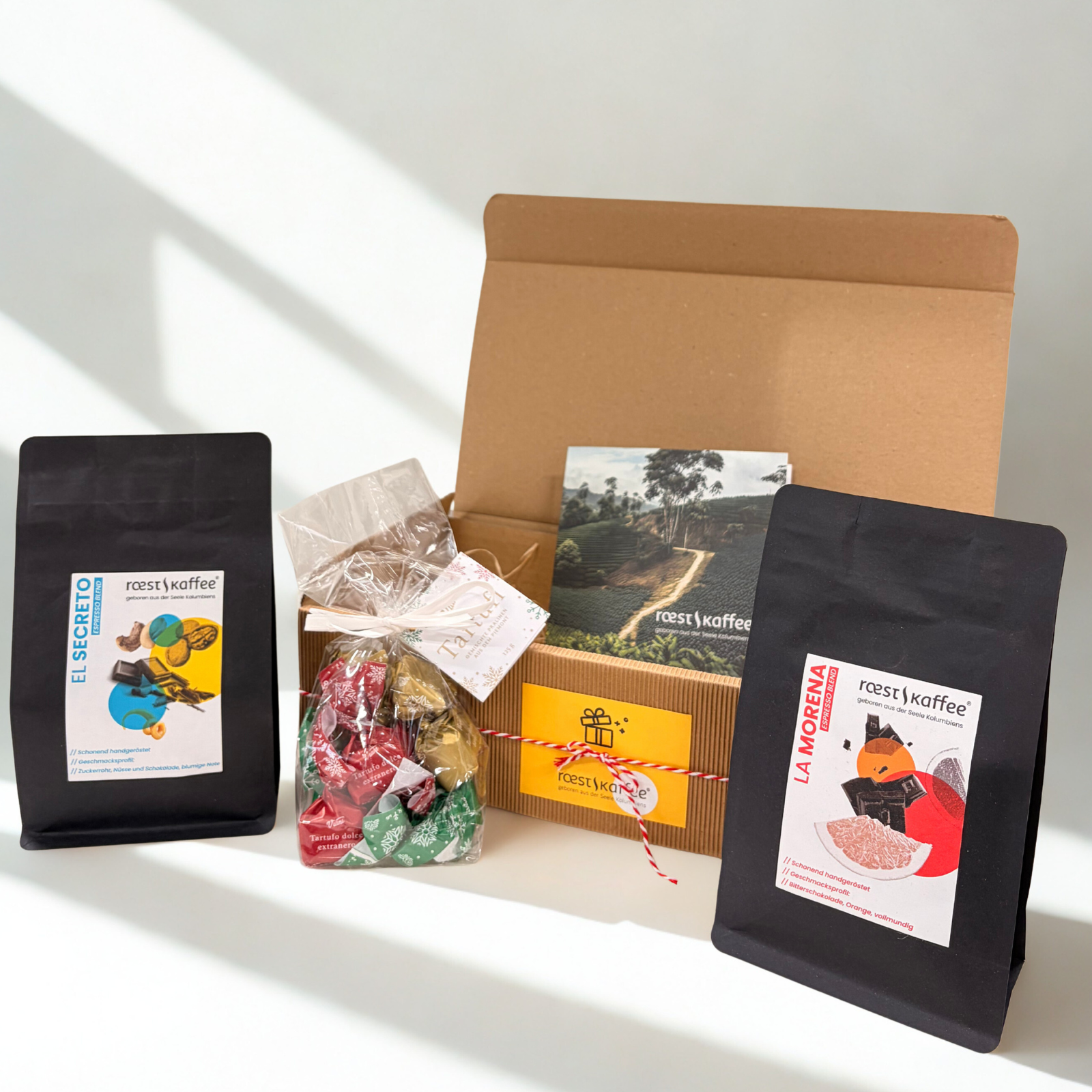 La Pinta Geschenkset mit Kaffee La Morena, El Secreto und Tartufi Mini, perfekte Geschenkidee für Genießer und Kaffee-Fans.