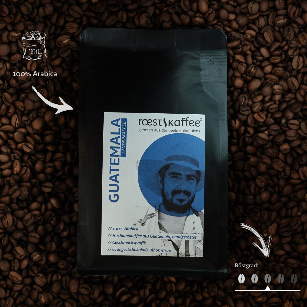 Kaffeebohnen mit einer Kaffeepackung, Guatemala Länderkaffee, 250g, 100% Arabica
