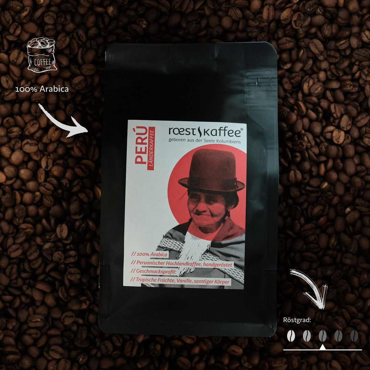 Kaffeebohnen mit einer Kaffeepackung und rotem Etikett 
